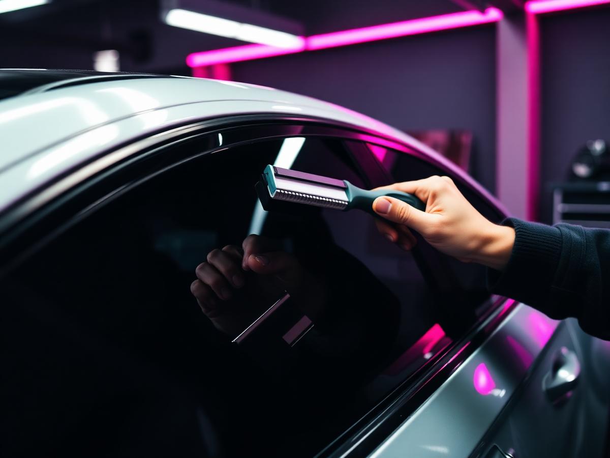 Technician applying ceramic window film to a car window